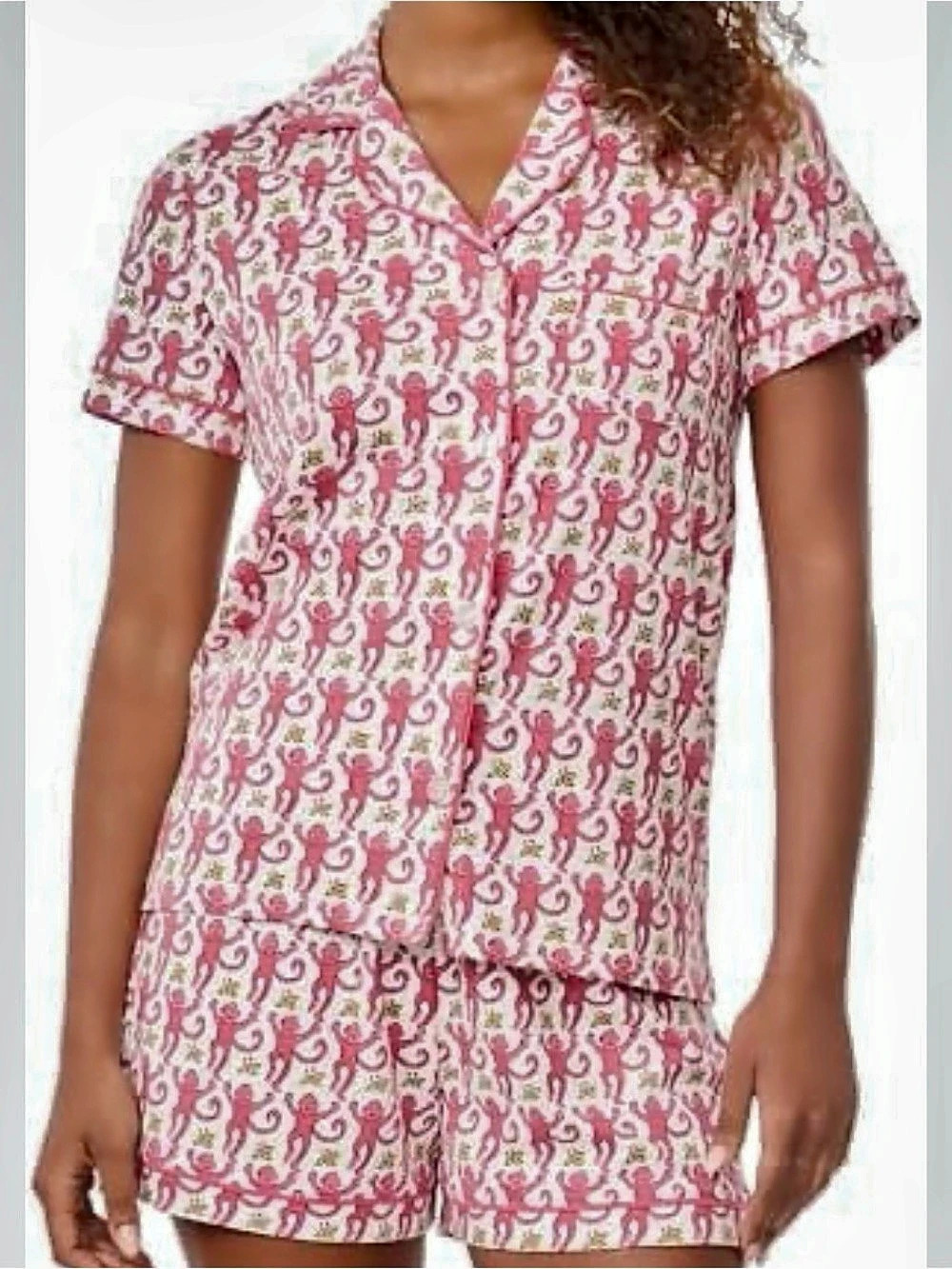 Roller Rabbit Pink Monkey Polo Pajama Short Sleeve Shirt Shorts Set sz Small